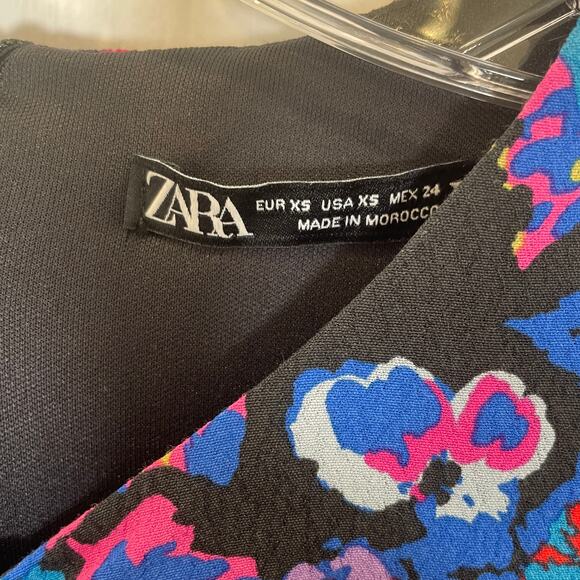 Zara Long Sleeve Mini Dress Floral Print Ruched Cutout Blue Purple Pink XS - Picture 4 of 7